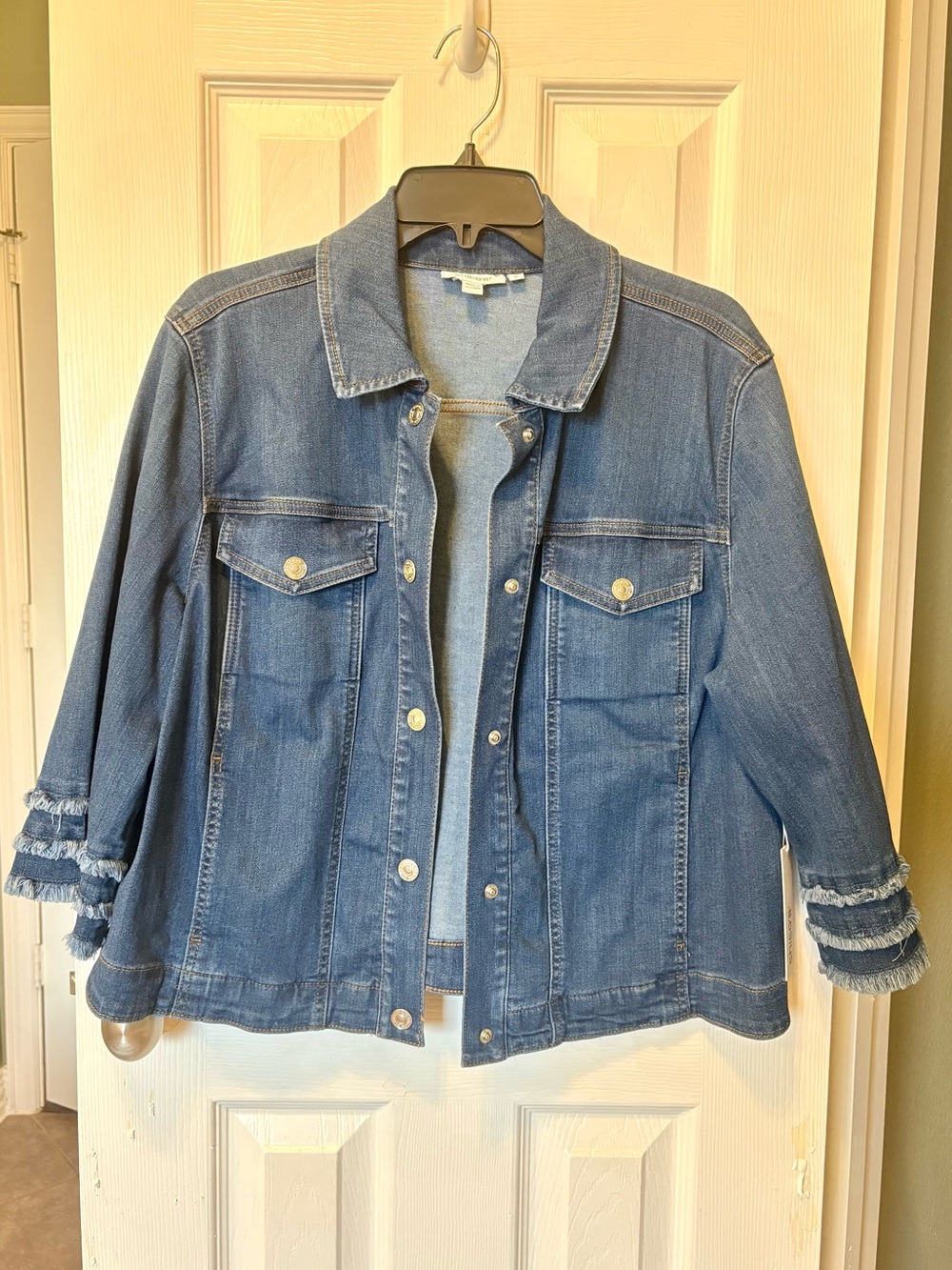 Chico's Blue Denim Cropped Size 3/XL Jacket with Ruffle Sleeve Detail